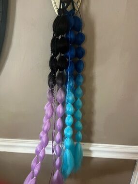 2 Bubble Braid Hair Extensions - Black, Purple & light blue and royal blue
